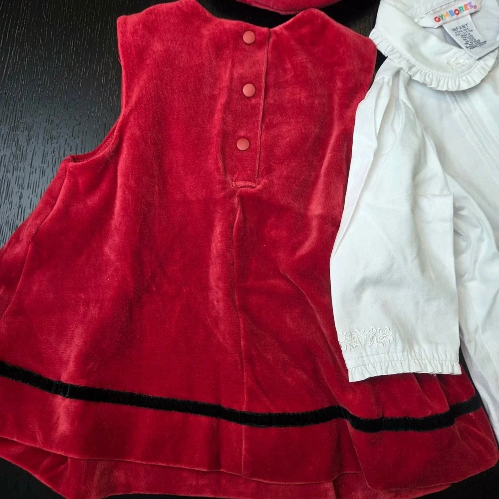 Vintage 1998 Gymboree Red Velvet Dress Set Beret Hat Blouse Infant 6-12 Months